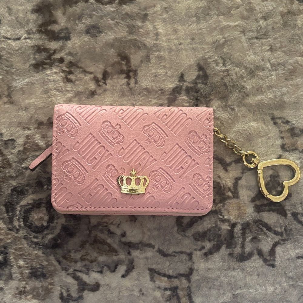 Juicy Couture Embossed Pink Card Holder with Gold Heart Chain